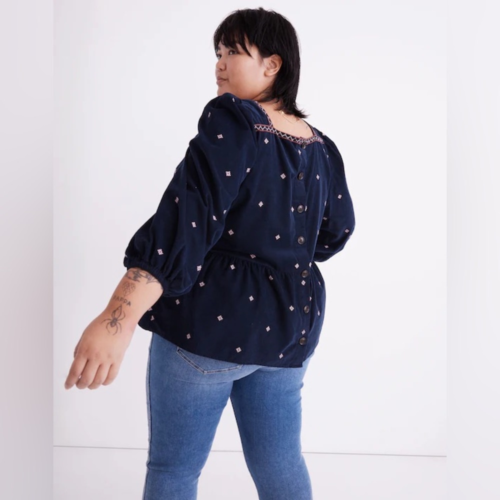 NWT Madewell Navy Blue Embroidered Plus Corduroy Button-Back Peplum Top 2X - Picture 2 of 8